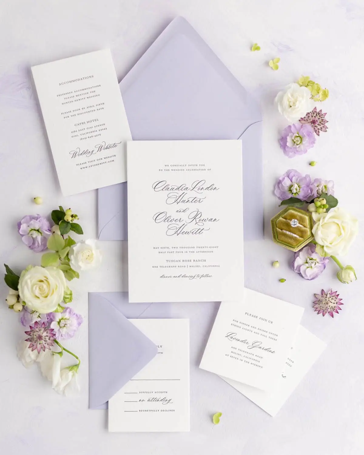 Claudia Wedding Invitations styled with Wisteria envelopes
