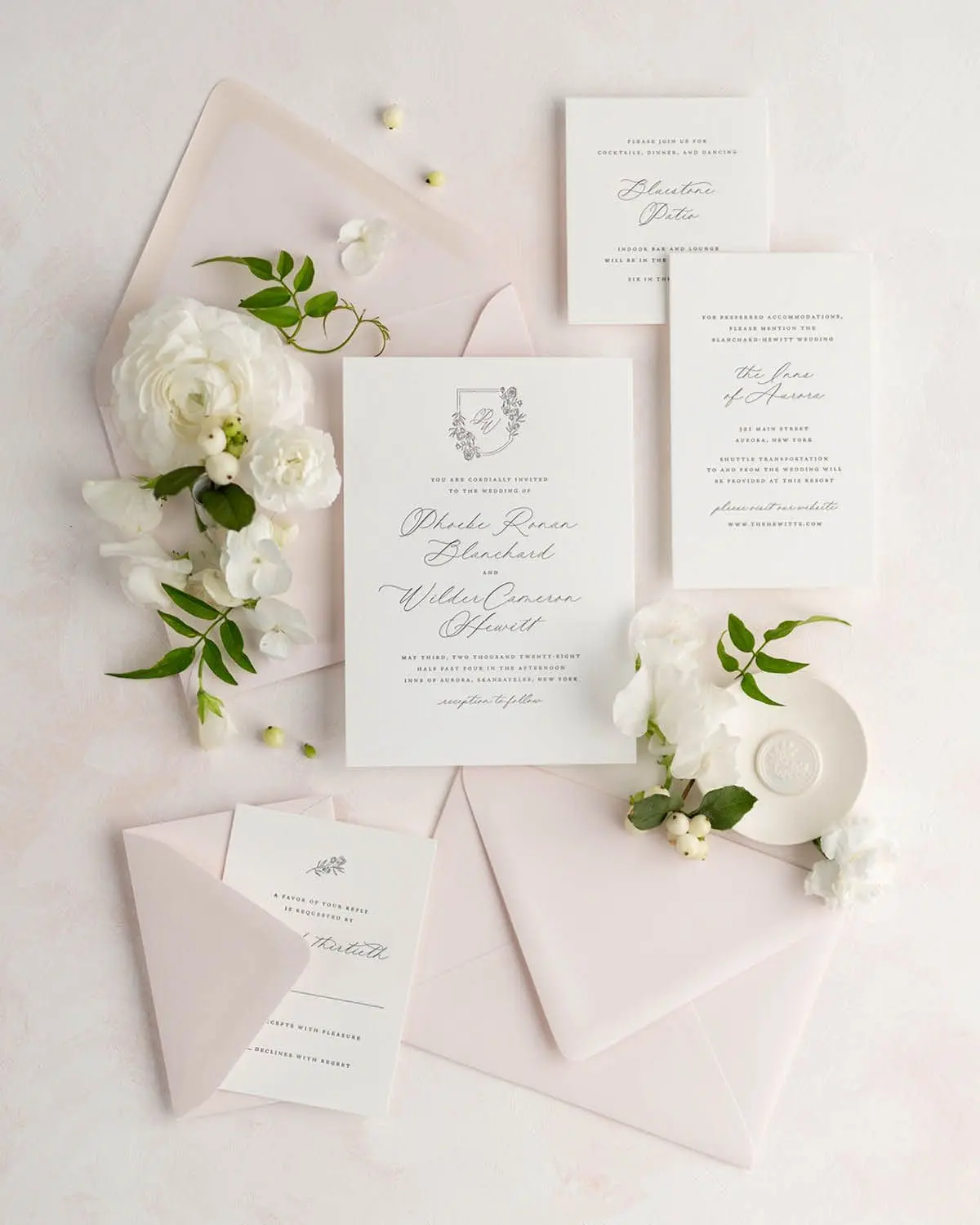 Phoebe Wedding Invitations styled with Ballet Envelopes