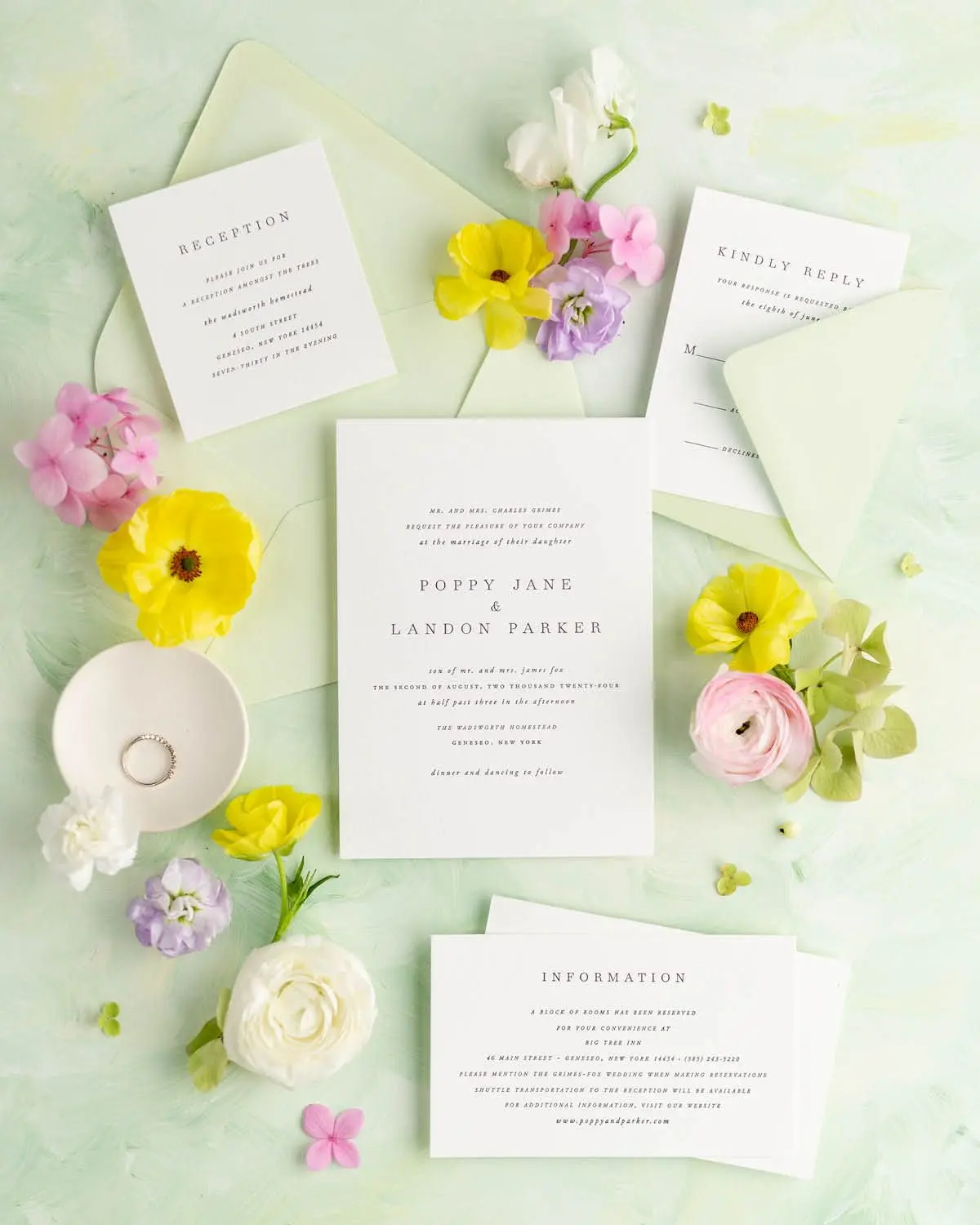 Poppy Wedding Invitations styled with Pistachio Envelopes
