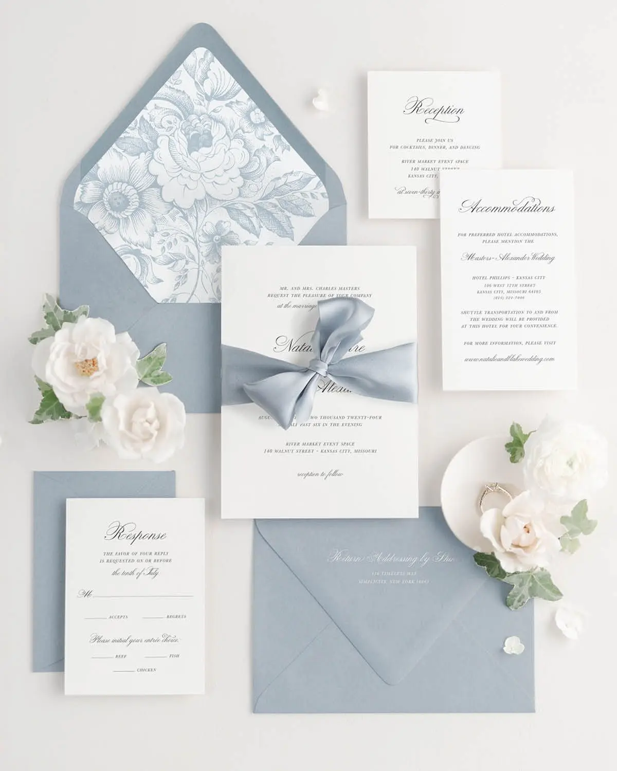 Classic Script Wedding Invitations styled with Glacier Envelopes and Whisper Silk Ribbon