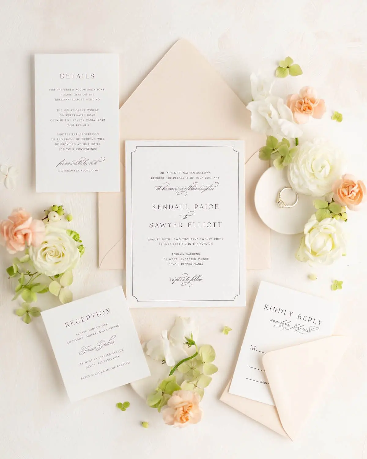 Kendall Wedding Invitations styled with Opal Envelopes
