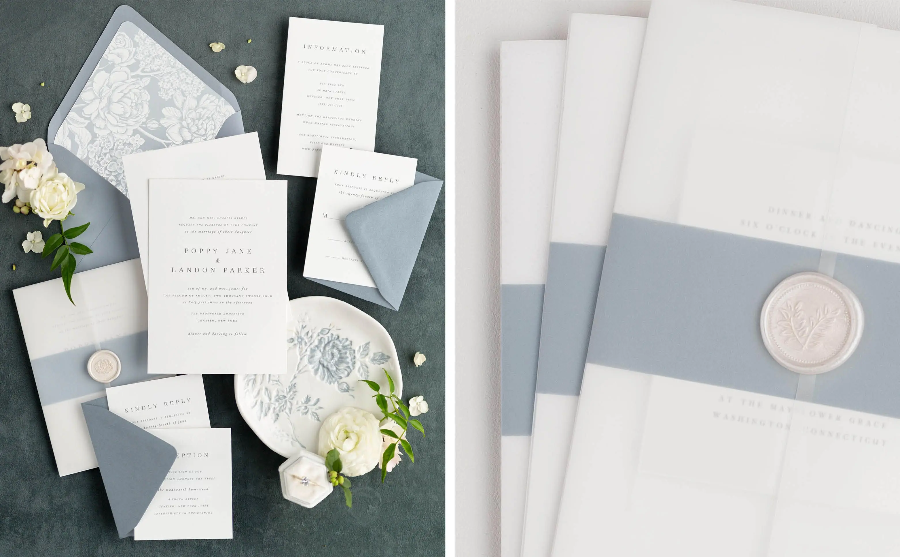 Poppy Letterpress Wedding Invitations Styled with Dusty Blue Envelopes, Envelope Liner, Belly Band, and vellum jacket and pearl wax seal