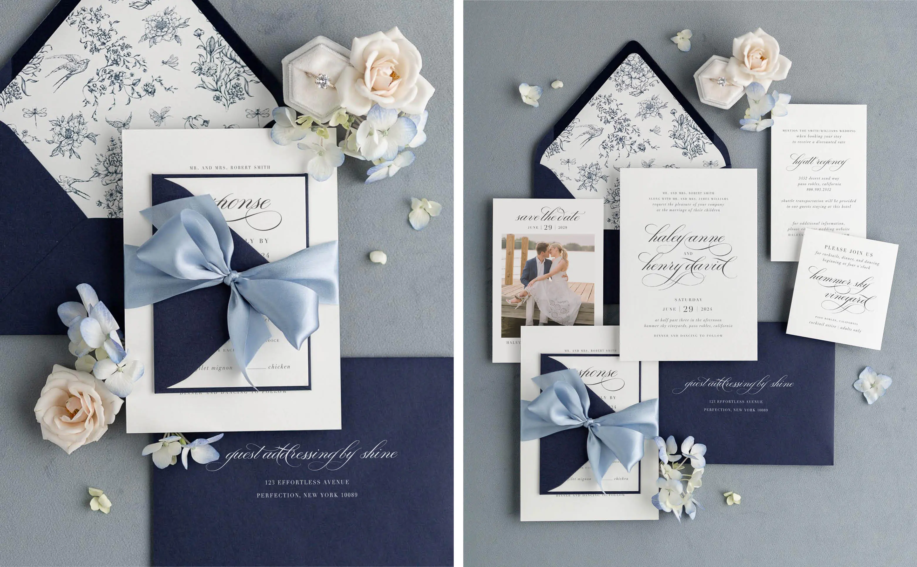 Haley Wedding Invitations with navy envelopes and envelope liners and light blue silk ribbon