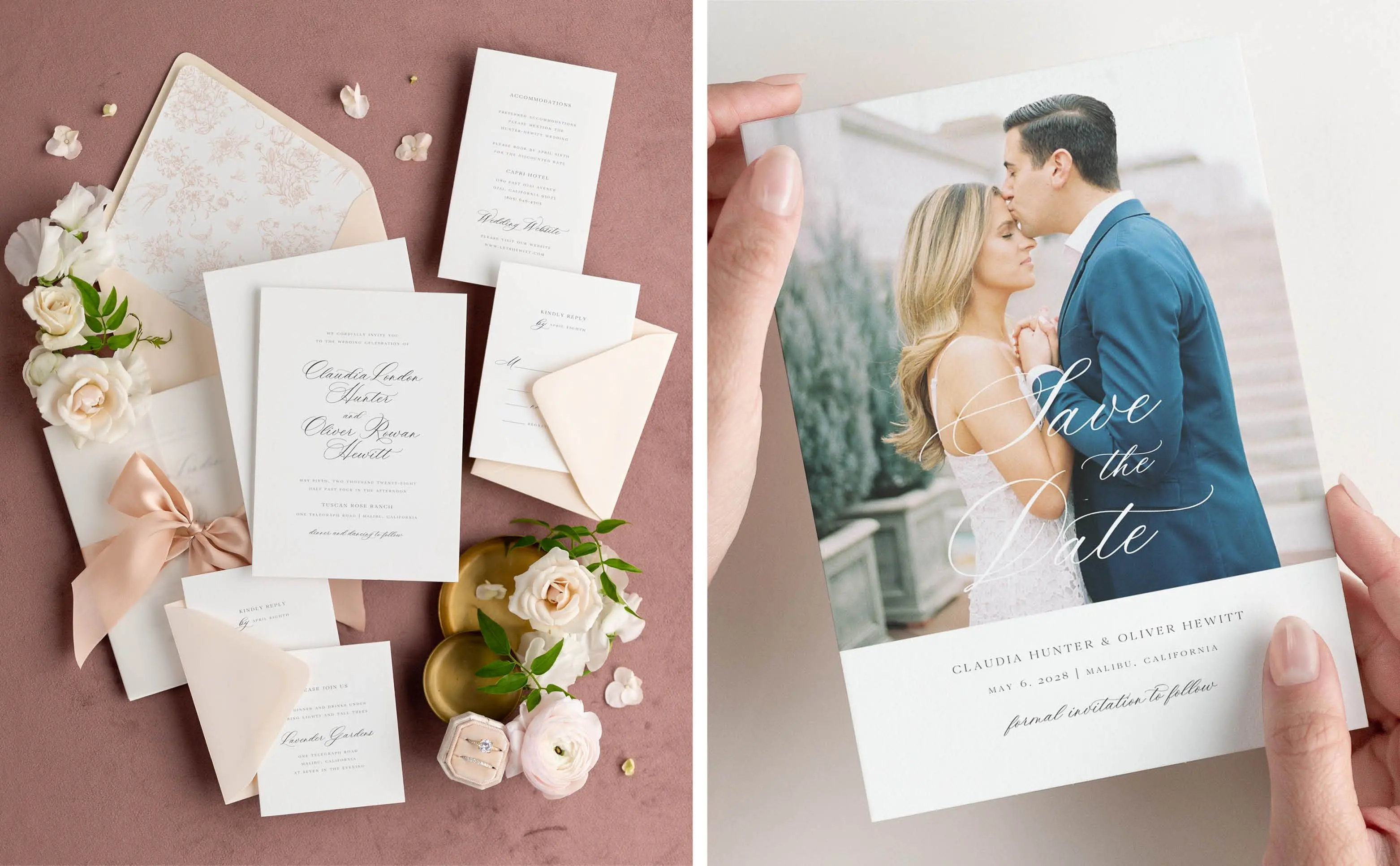 Claudia Wedding Invitations Styled with Peach Envelopes and Ribbon