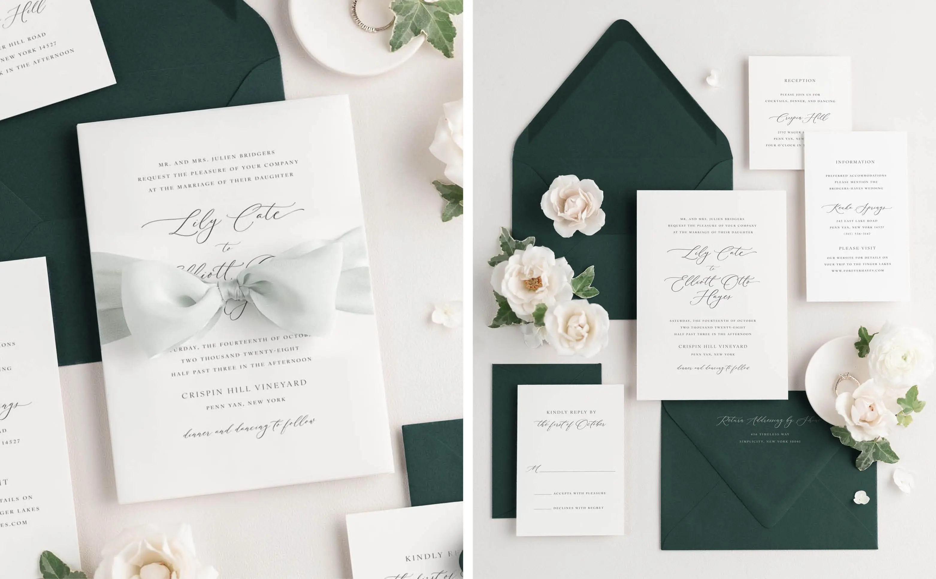 Lily Wedding Invitations Styled with dark green envelopes and pale green silk ribbon