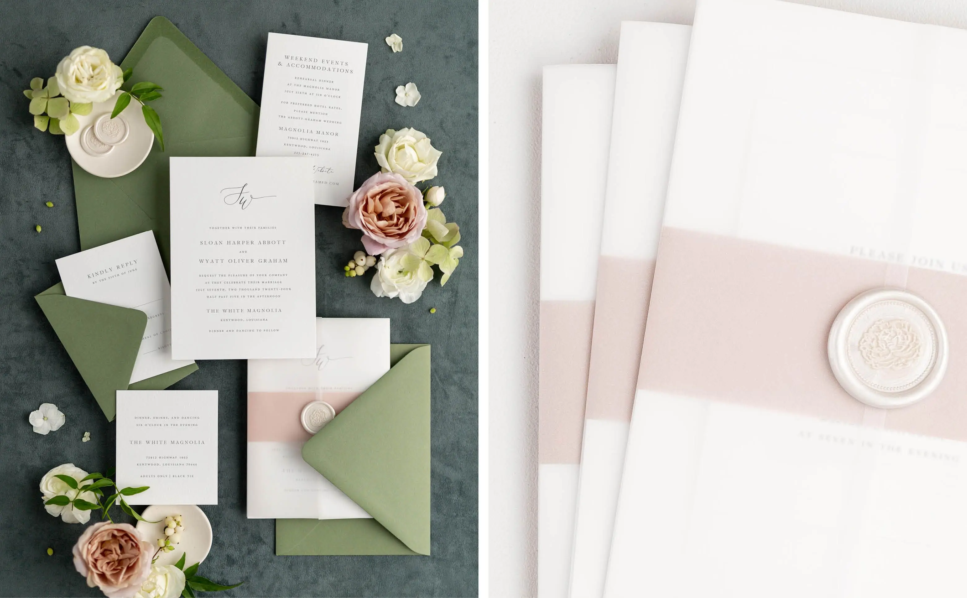 Sloan Wedding Invitations with Seedling Green Envelopes, pink Belly band, vellum jacket, and pearl wax seal