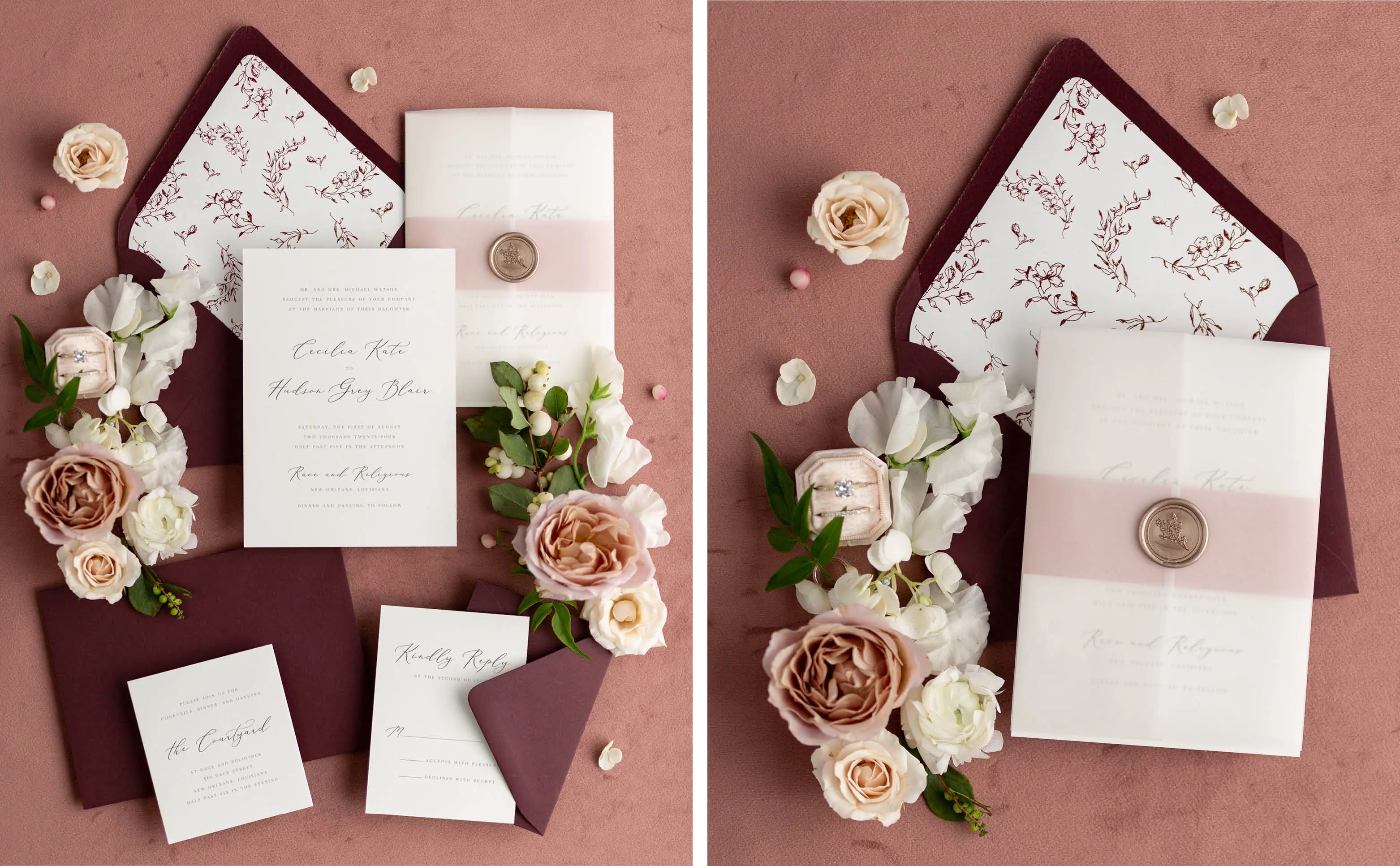 Cecilia Wedding Invitations styled with burgundy envelopes and liner, a pink belly band, and vellum jacket and bronze wax seal