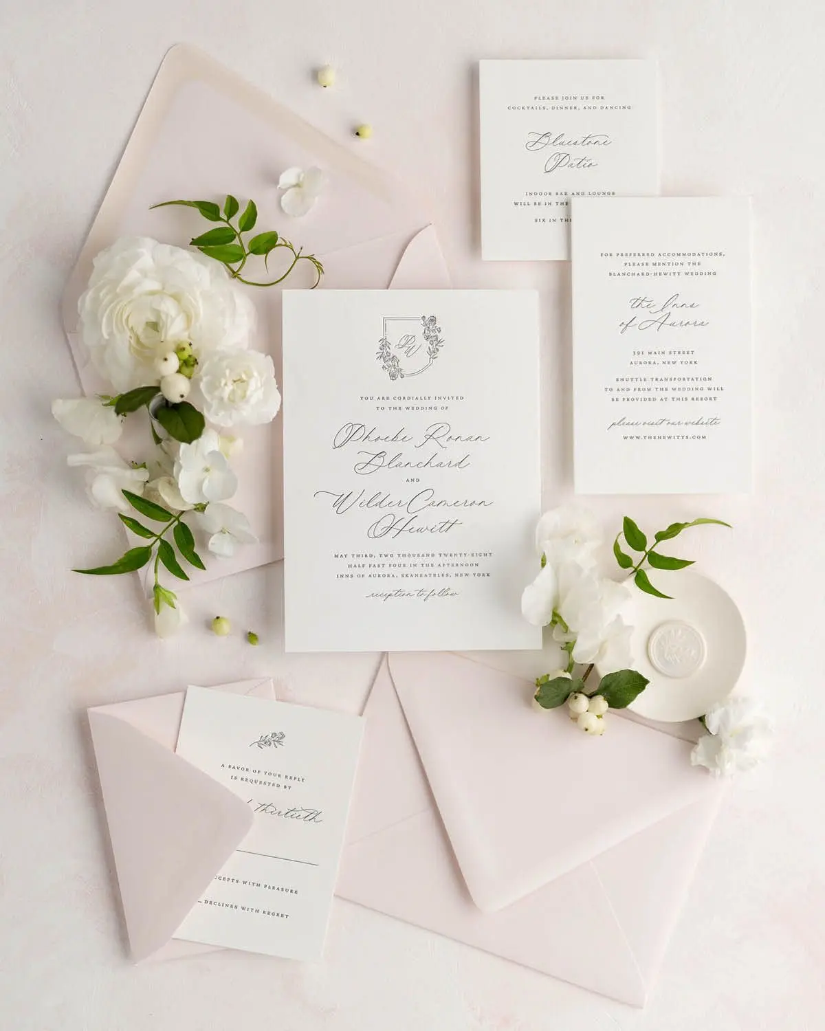 Phoebe Letterpress Wedding Invitations Styled with Ballet Pink Envelopes