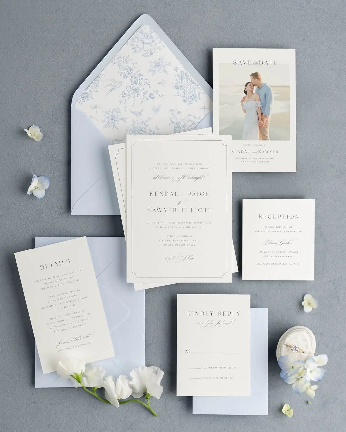 Kendall Wedding Invitations Styled with Sky Blue Envelopes and Envelope Liners