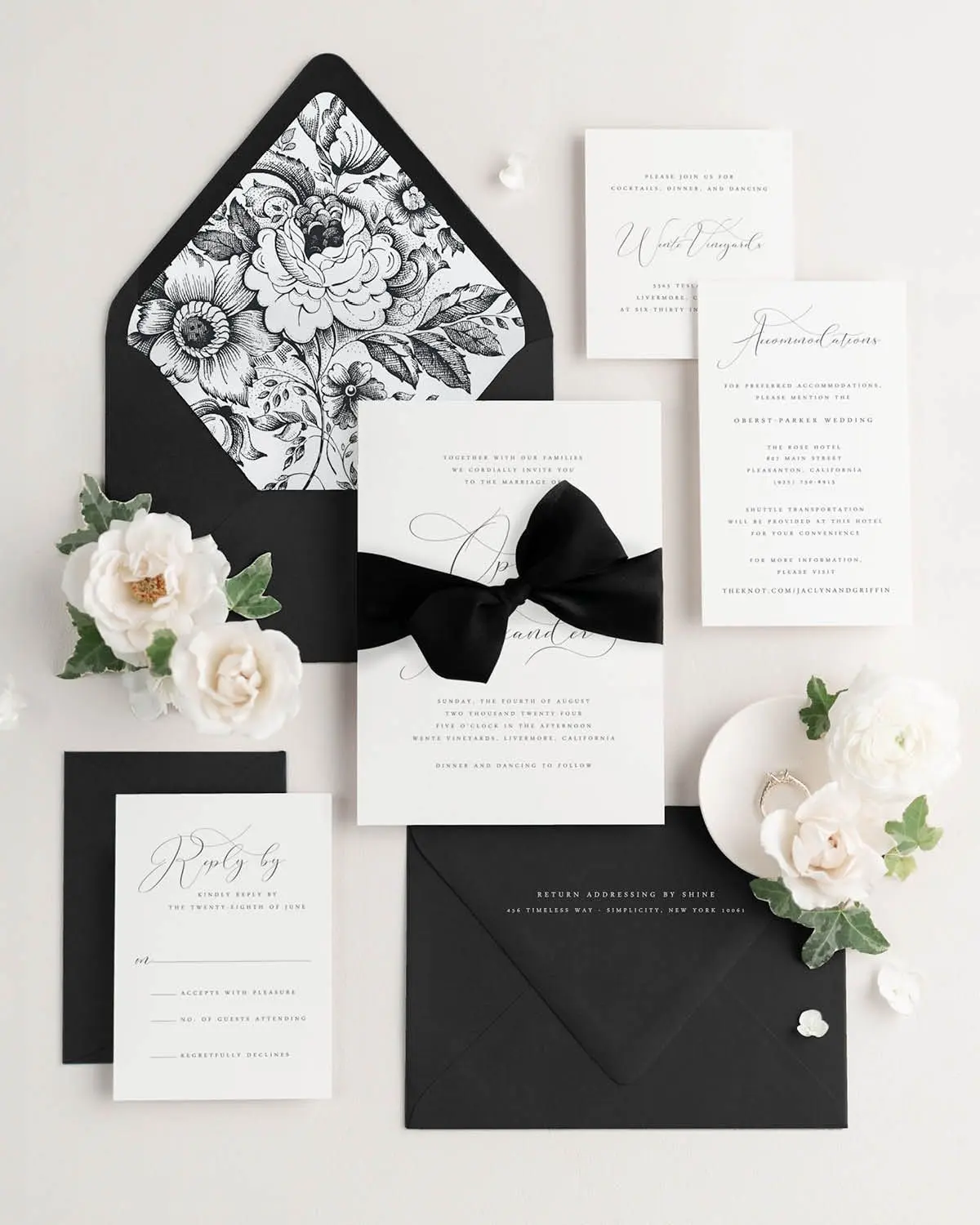 Ophelia Wedding Invitations Styled with Black Envelopes, Envelope Liner, and Ribbon