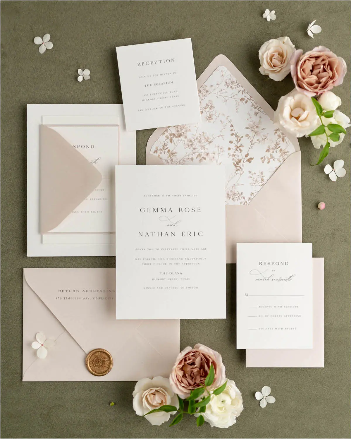 Gemma Wedding Invitations styled with Almond envelopes, and a neutral envelope liner