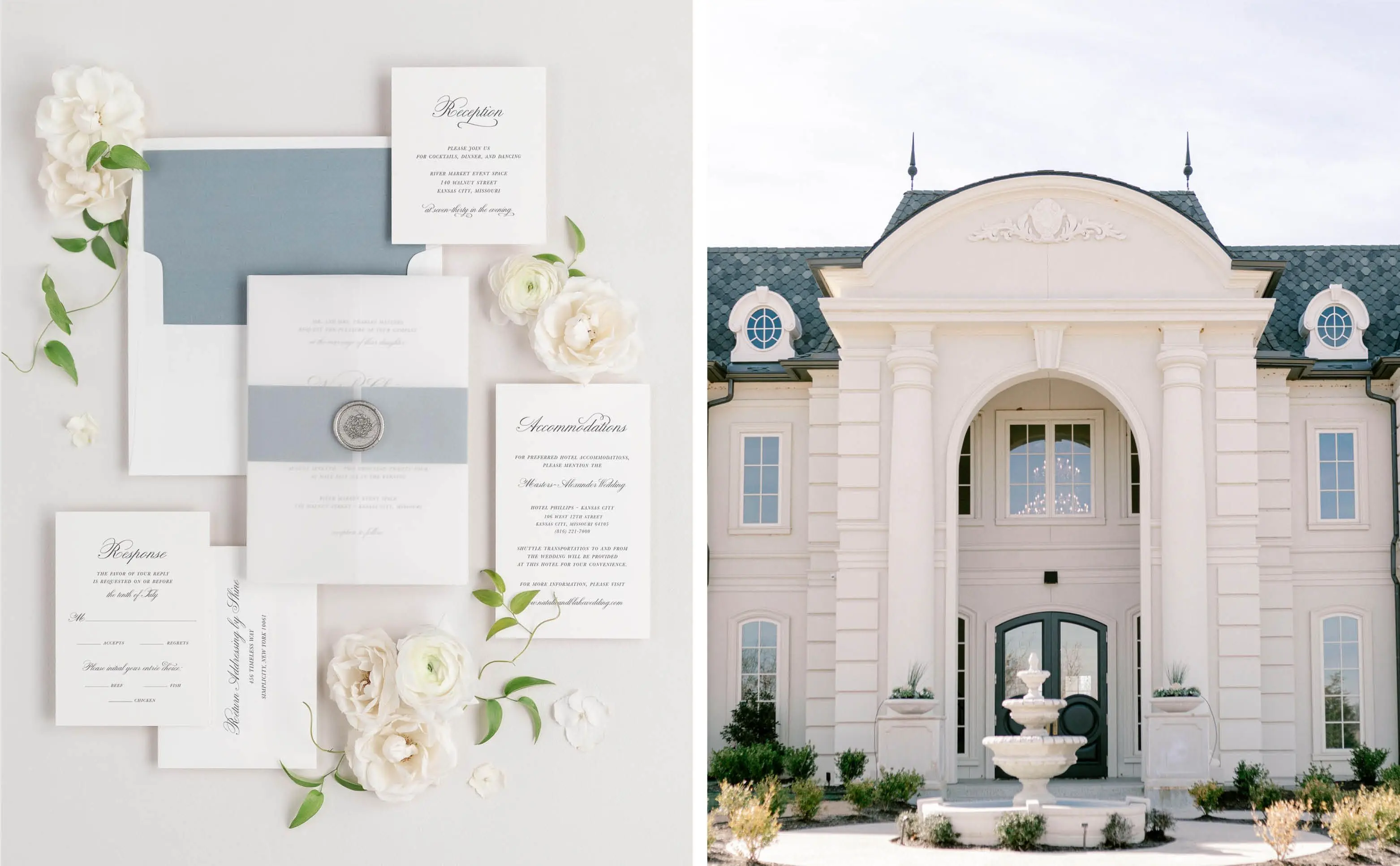 Classic Script Wedding Invitations with Mineral Blue belly band and envelope liner, vellum jacket, and silver florette wax seal | The Hillside Estate in Texas