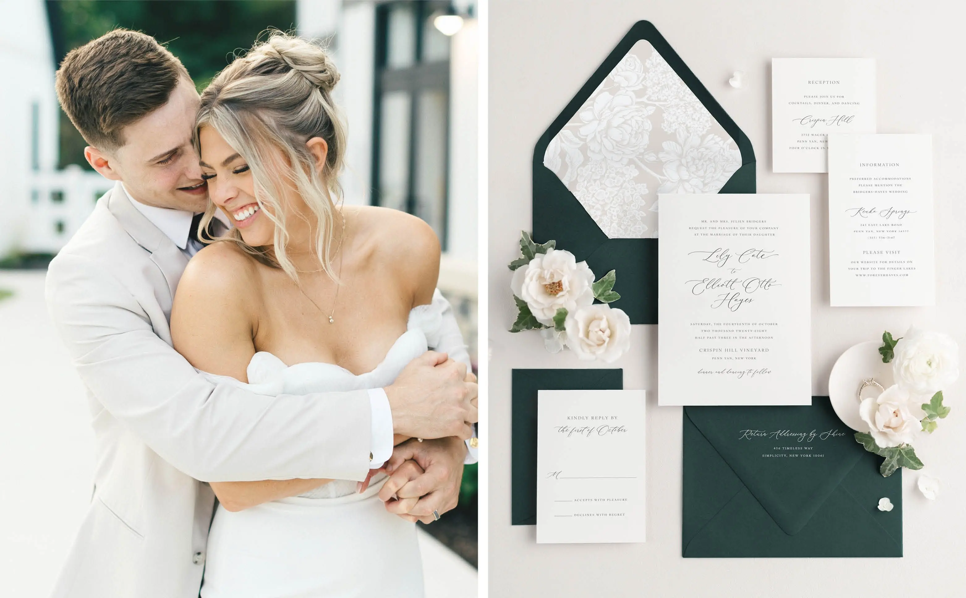 A bride and groom on their wedding day | Lily Wedding Invitations with Pine green envelopes and neutral envelope liner