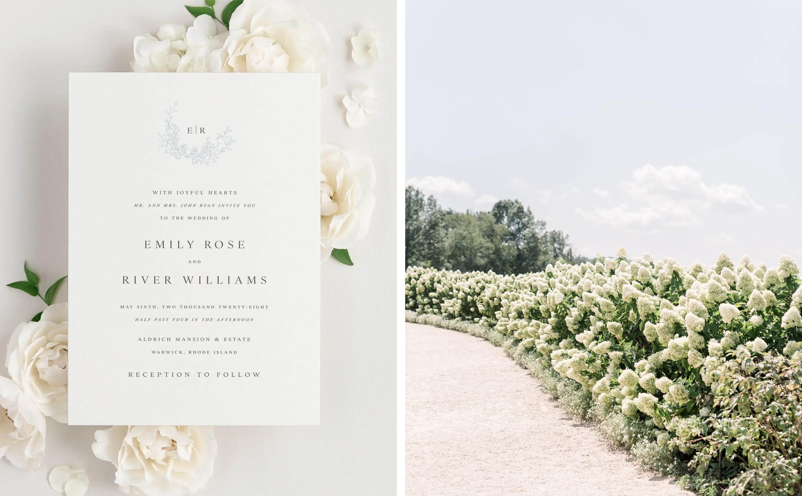 Emily Wedding Invitations with Dusty Blue Monogram | White Hydrangeal Lined Path at Wedding Venue