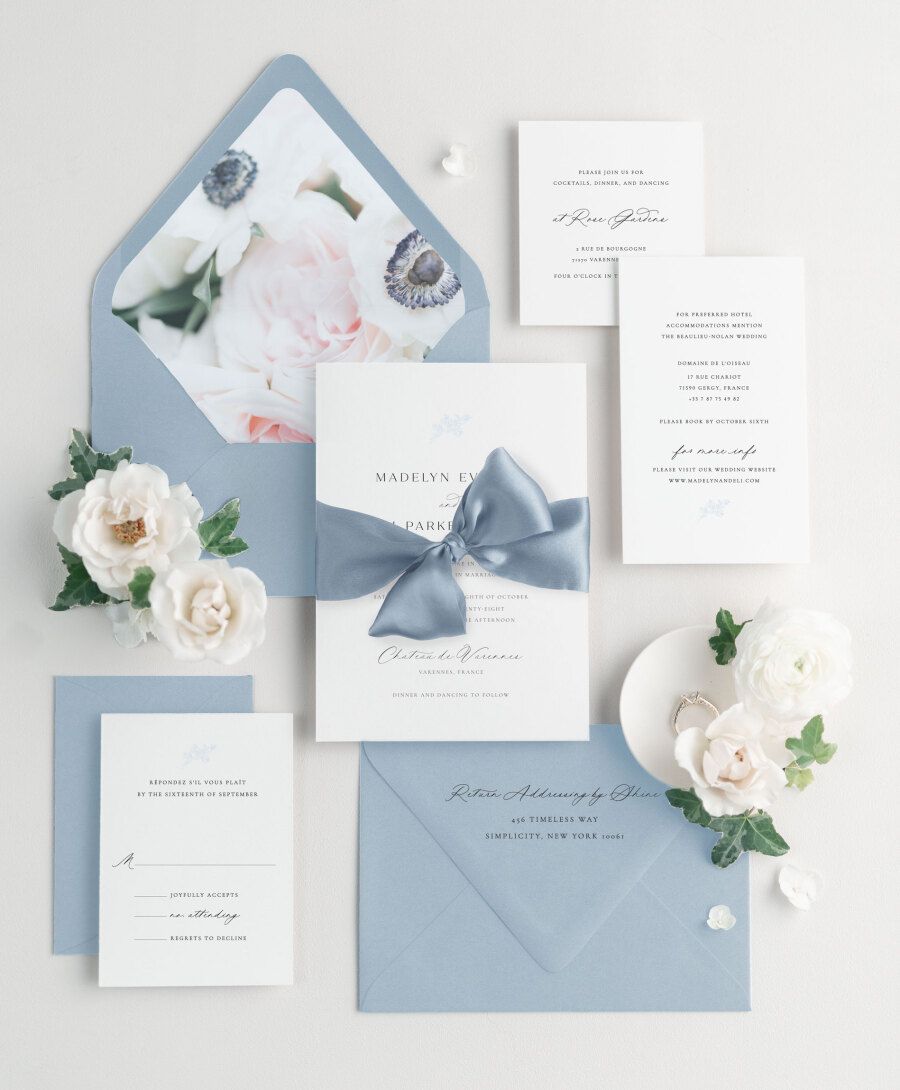 Madelyn wedding invitations with light blue envelopes and French blue ribbon