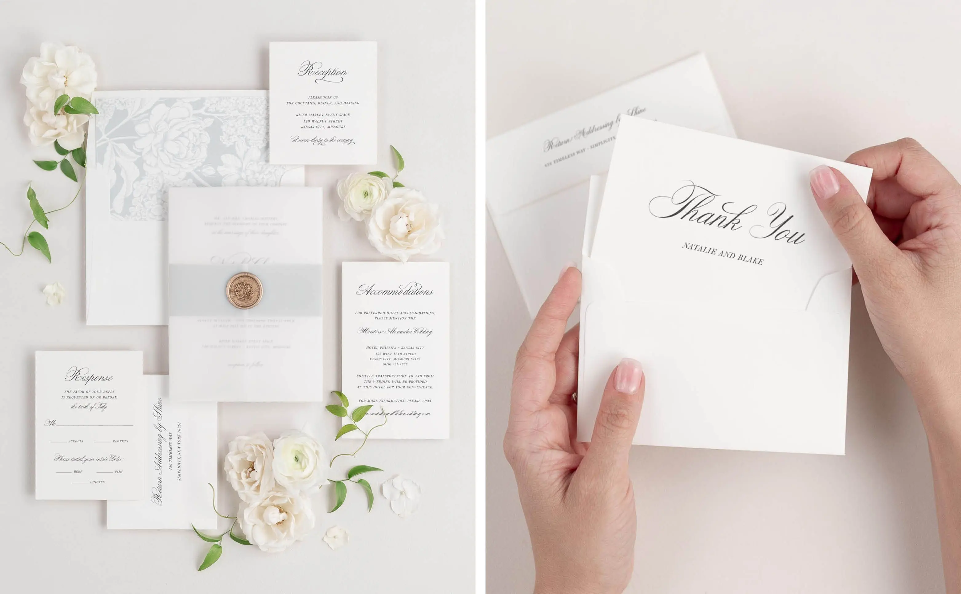 Classic Script Wedding Invitation Suite and Thank You Cards