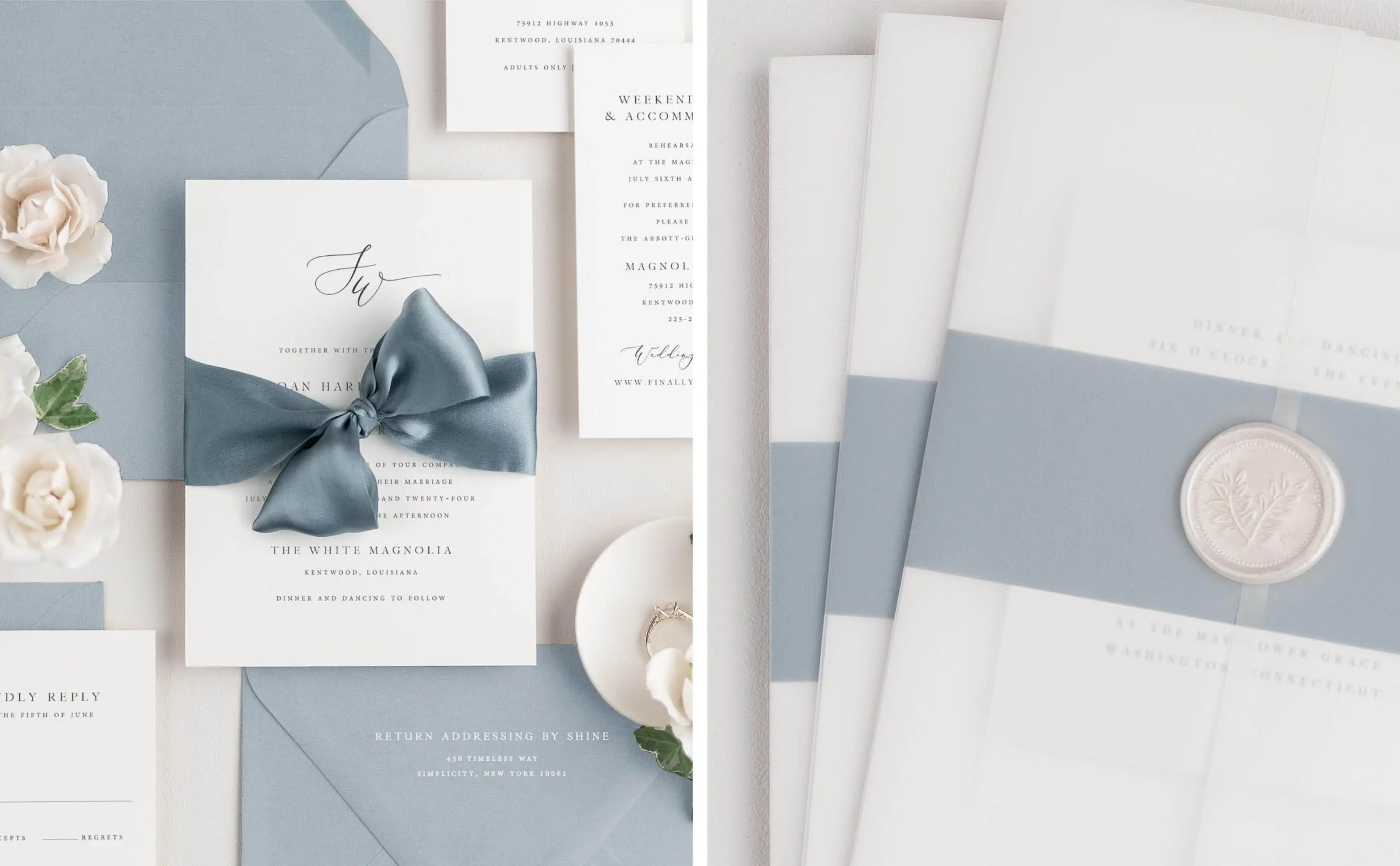 Sloan Wedding Invitations Styled with Ribbon and Belly Bands, Vellum Jackets, and Pearl Wreath Wax Seals