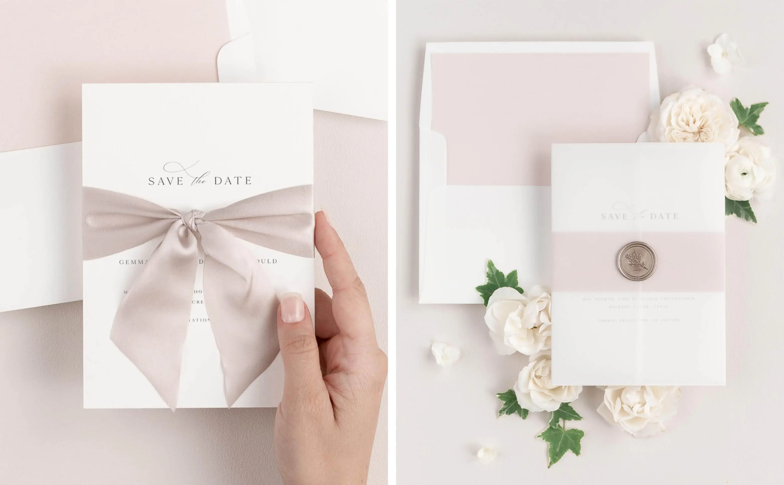 Gemma Save the Dates Styled with Ribbon and a Vellum Jacket and Wax Seal