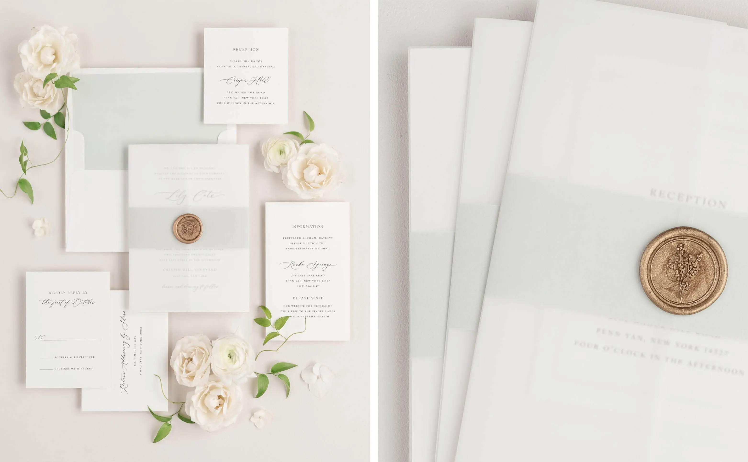 Lily Wedding Invitation Suite styled with light green belly band and envelope liner, and a vellum jacket and gold wax seal