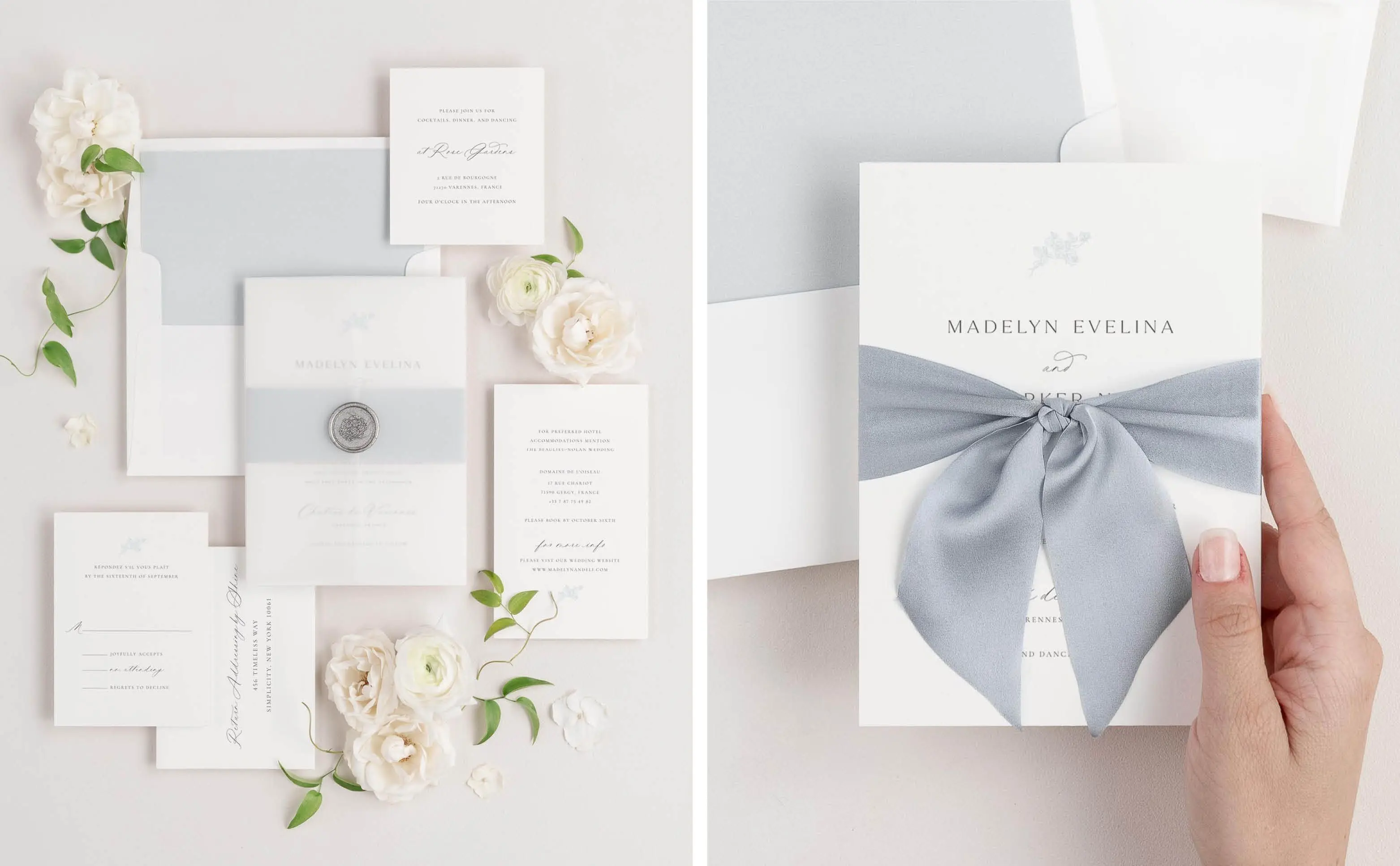Madelyn Wedding Invitation Suite styled with Light blue envelope liner and either a light blue belly band, a vellum jacket, and silver wax seal, or a whisper blue silk ribbon