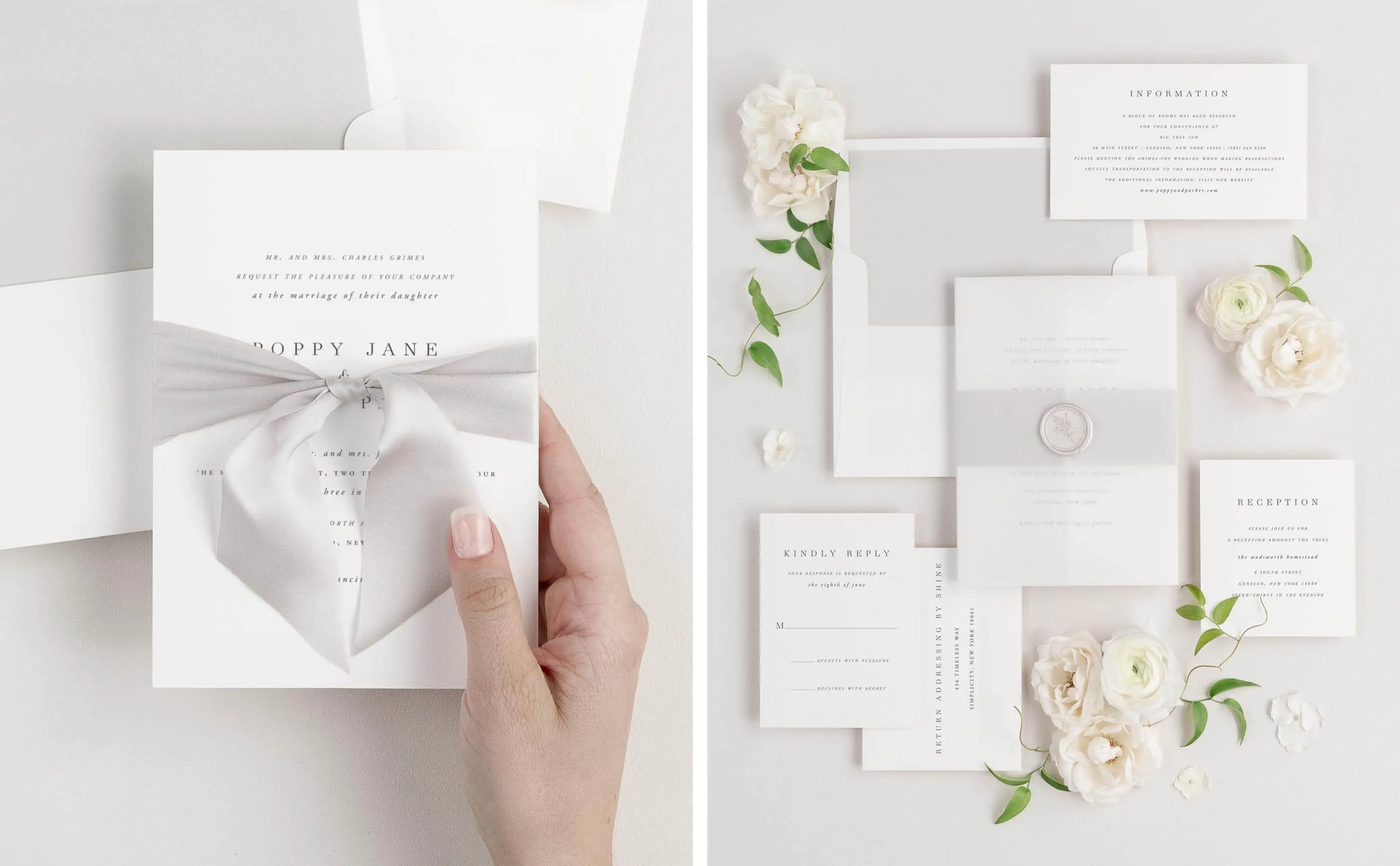 Poppy Wedding Invitation Styled with Mink Ribbon | Poppy Wedding Invitation Suite Styled with Stone belly band, solid envelope liner, vellum jacket, and pearl wax seal
