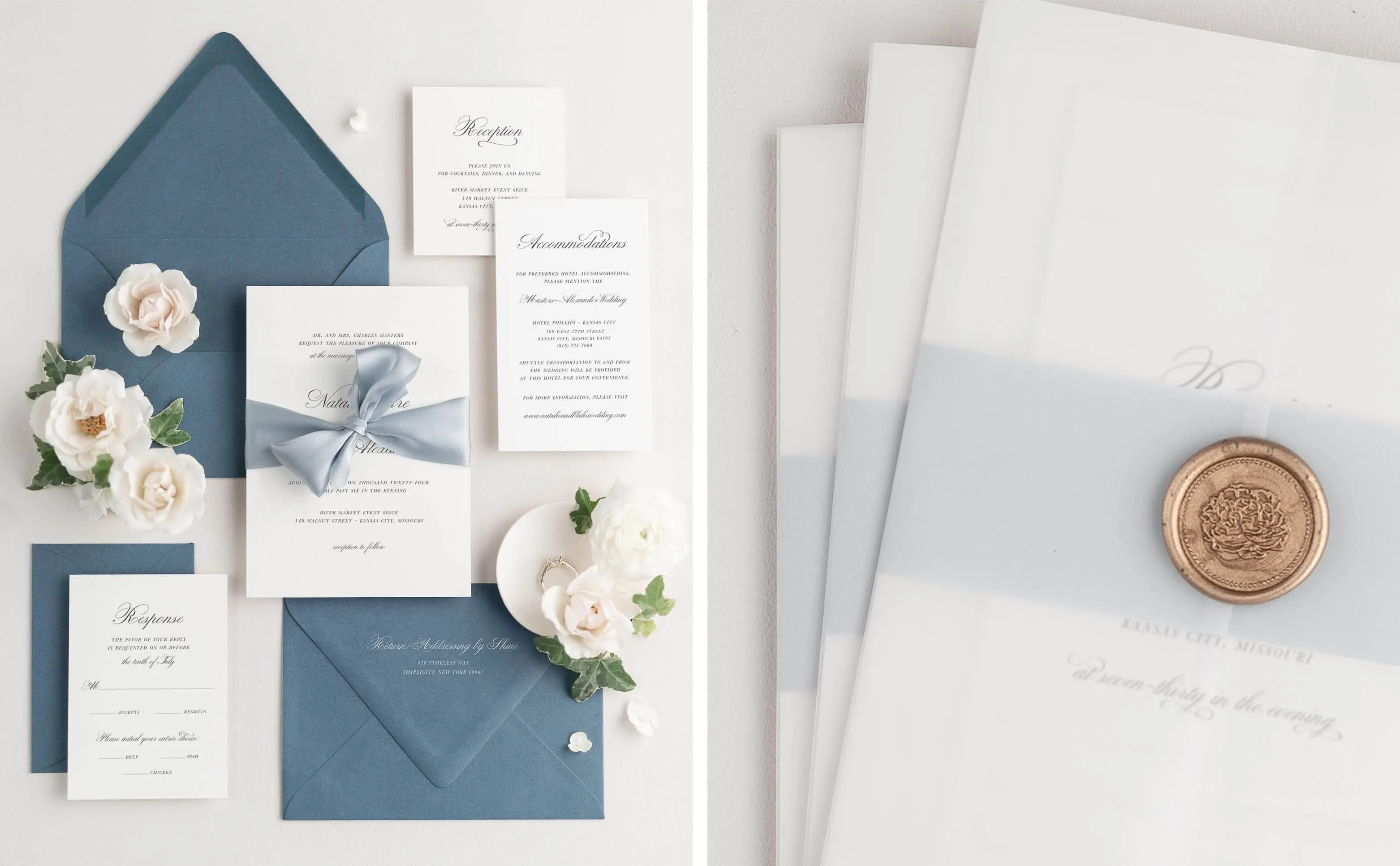 Classic Script Wedding Invitation Suite Styled with Chambray Envelopes and Whisper Ribbon | Assembled Classic Script Wedding Invitation Suites with Mineral belly band, vellum jacket, and Gold Florette wax seal