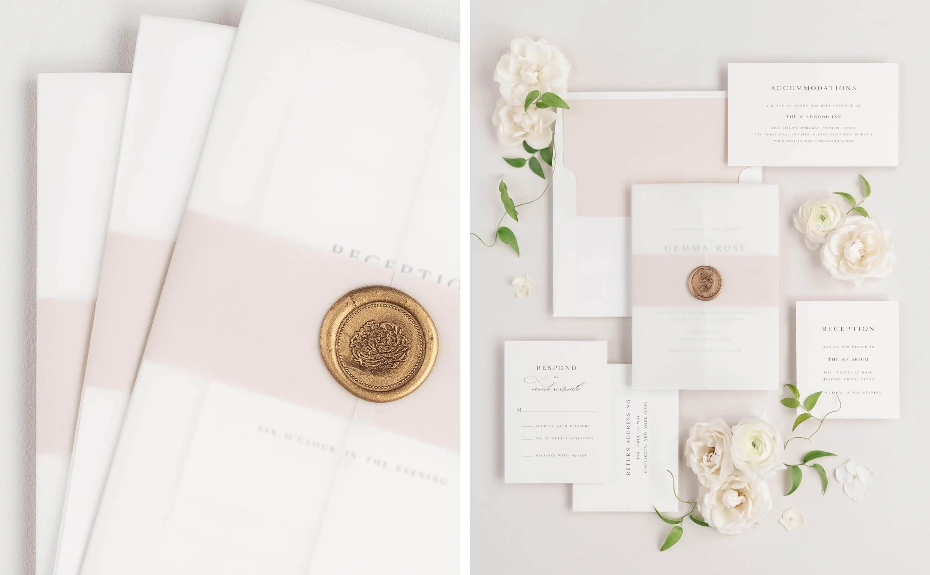 Assembled Gemma Wedding Invitation Suites Styled with Rose Gold belly band, vellum jacket, and Gold Florette wax seal | Gemma Wedding Invitation Suite styled with Rose gold belly band and solid envelope liner, vellum jacket, and Gold Florette wax seal