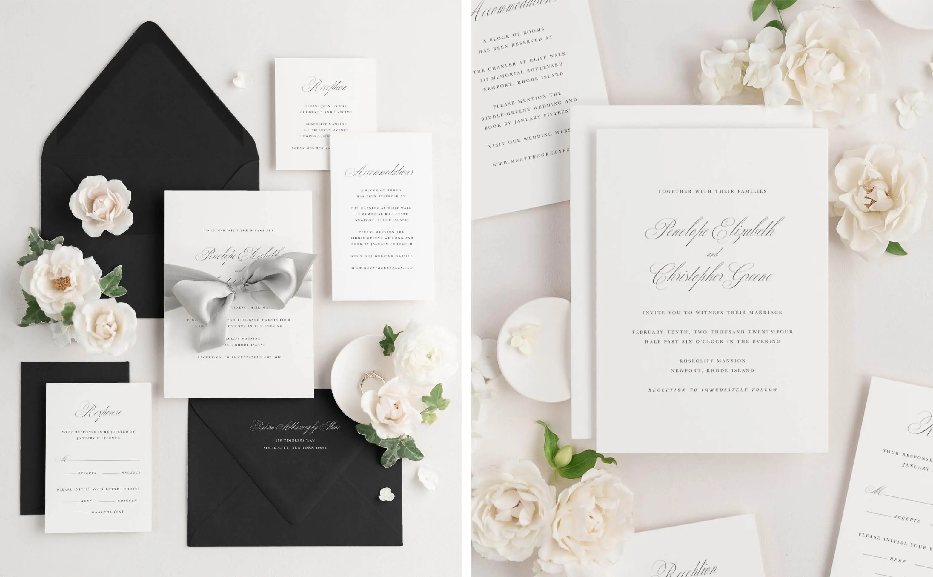 Penelope Wedding Invitation Suite Styled with Onyx Envelopes and Fog Ribbon | Penelope Wedding Invitation