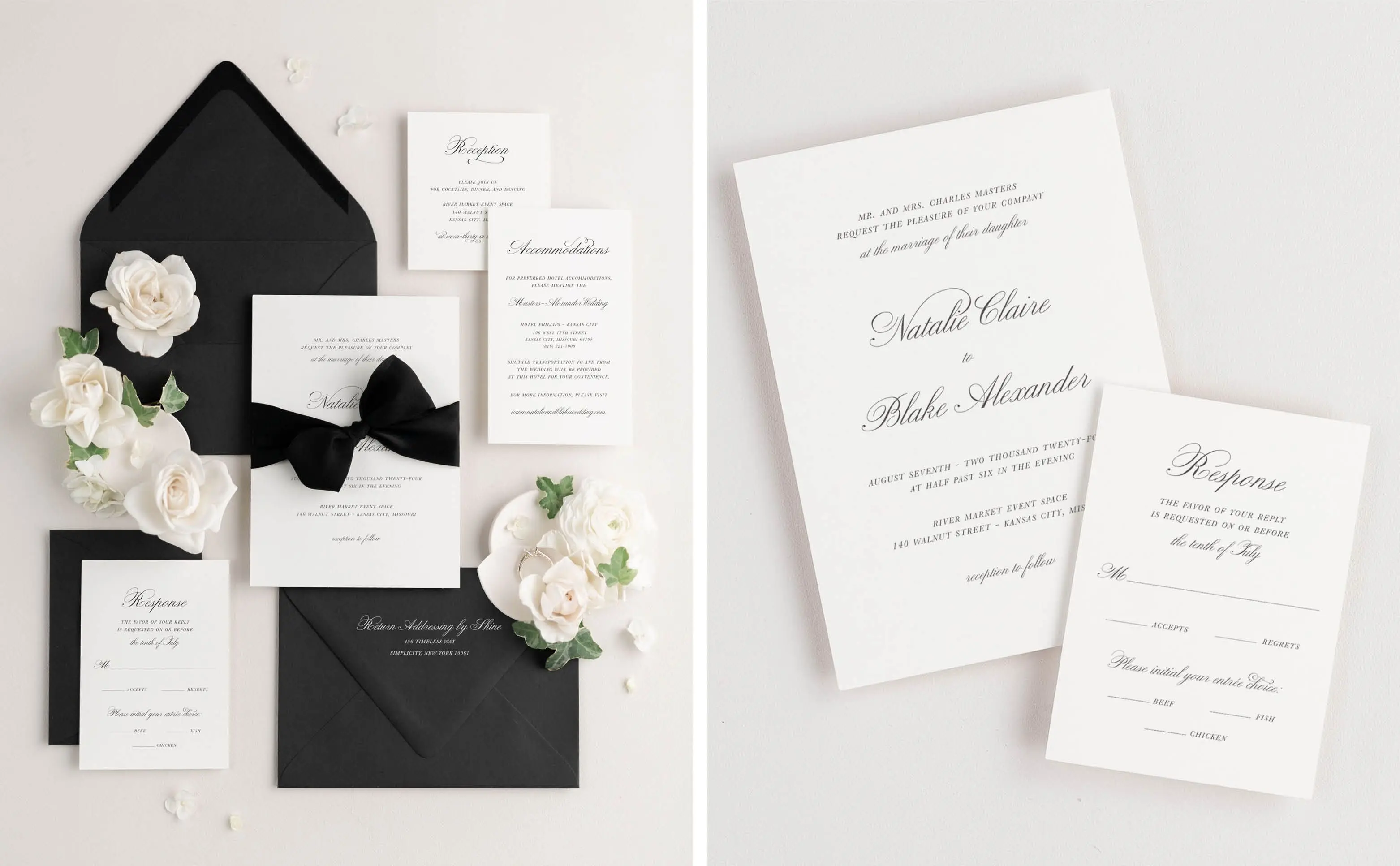 Classic Script Wedding Invitations styled with black envelopes and silk ribbon, Classic Script Wedding Invitations with RSVP