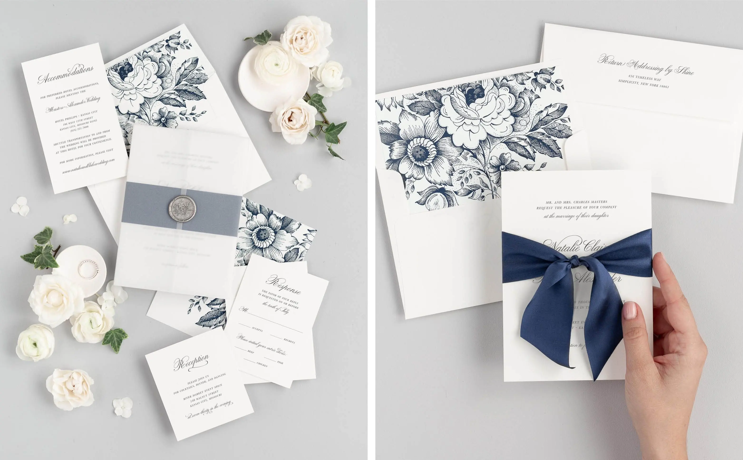 Classic Script Wedding Invitations styled with a navy envelope liner and either a belly band, vellum jacket, and silver wax seal, or with a navy silk ribbon