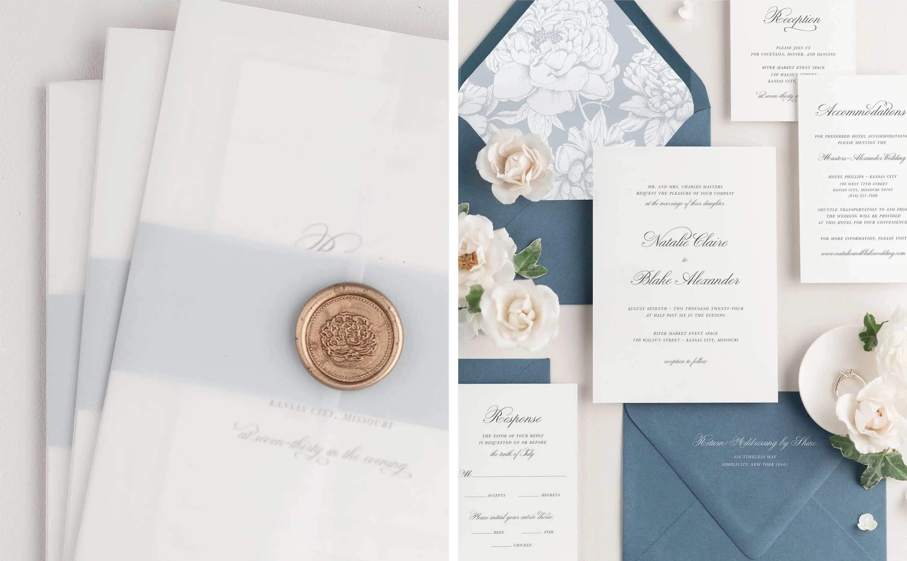 Classic Script Wedding Invitations styled with dusty blue envelopes, envelope liner, belly band, and vellum jacket and gold wax seal