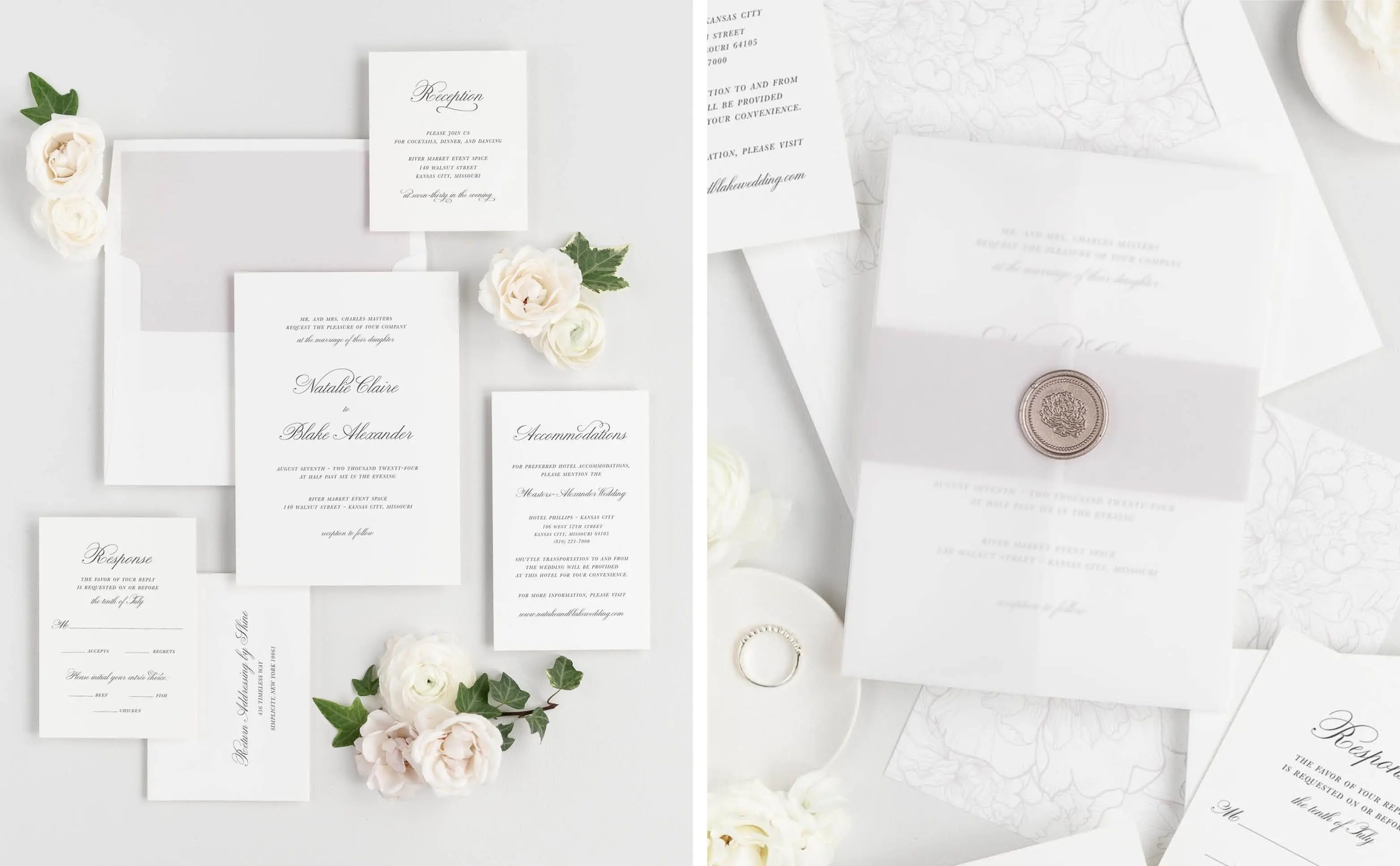 Classic Script Wedding Invitations styled with a lavender envelope liner, belly band, vellum jacket, and bronze wax seal