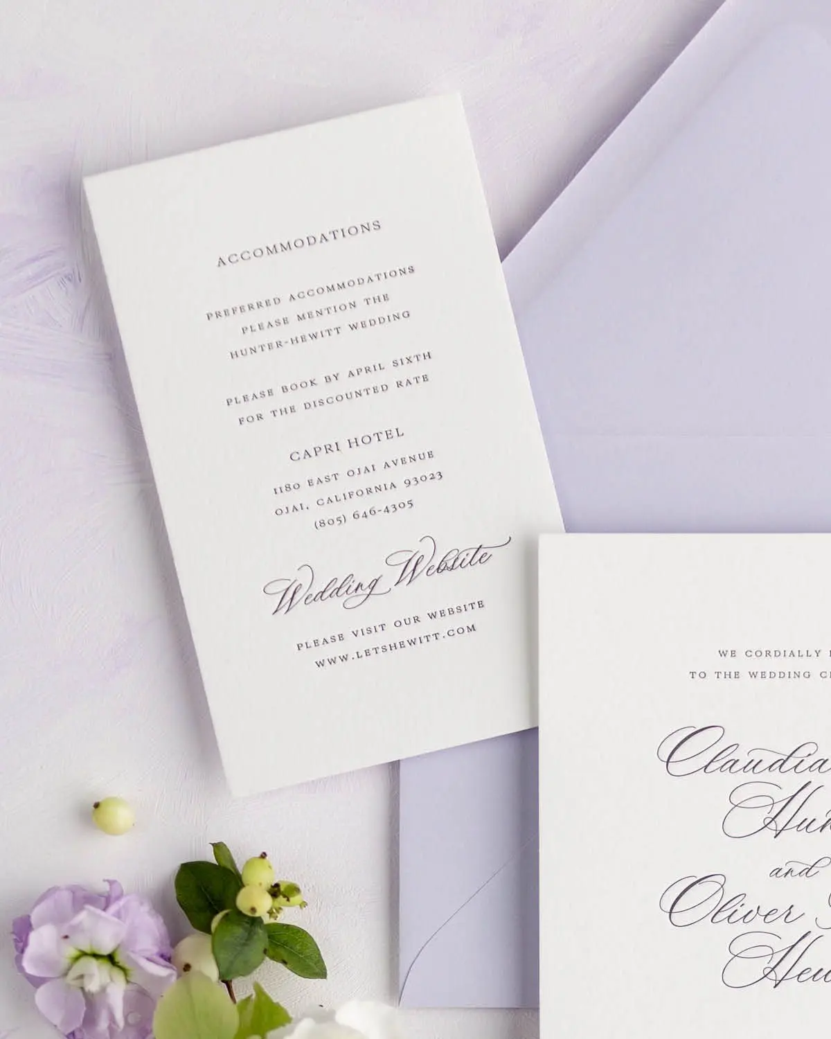 Claudia Letterpress Large Enclosure used as an Accommodations Card