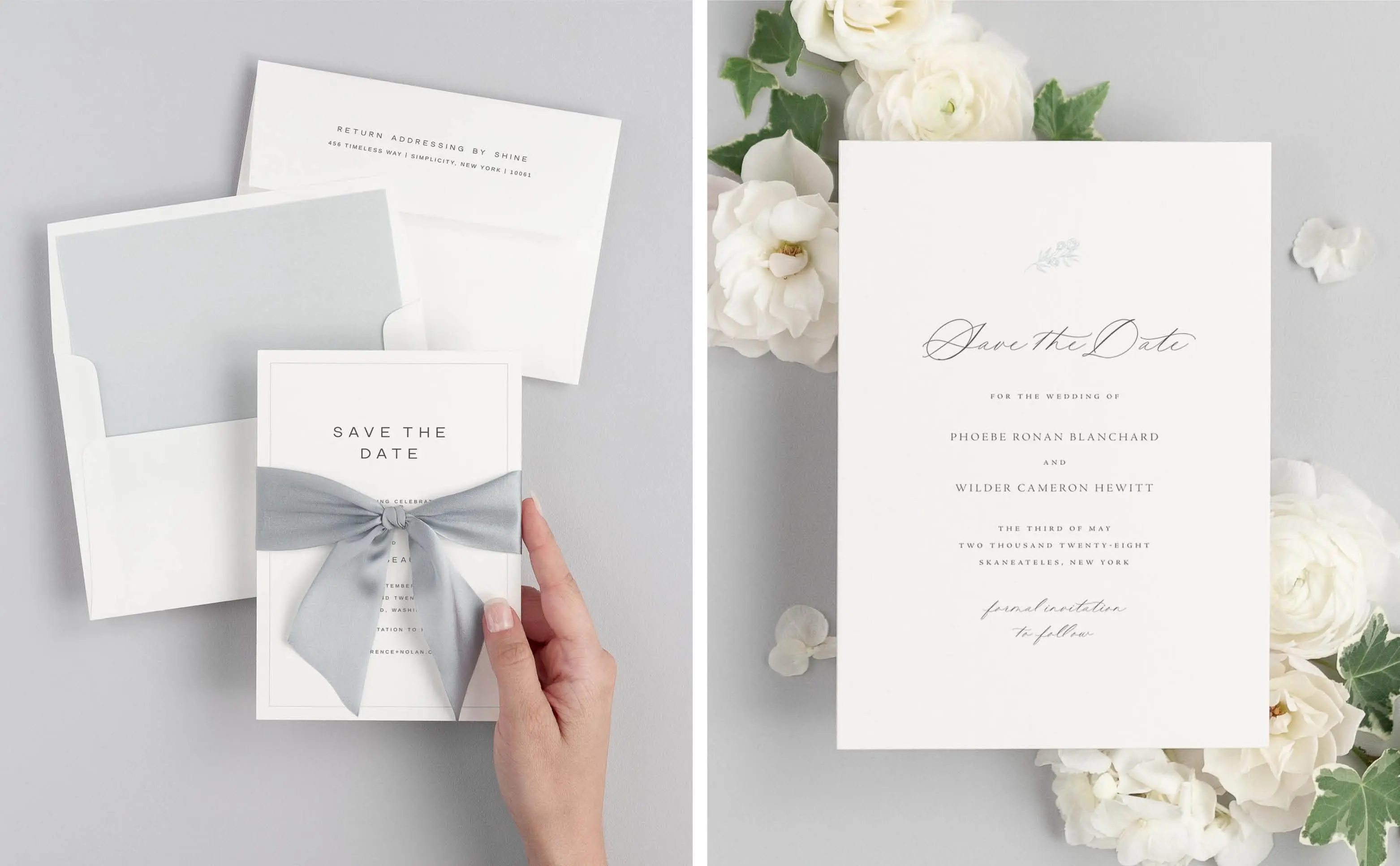 Florence Save the Dates with Whisper Ribbon and Cloud Envelope Liners,  Madelyn Save the Dates