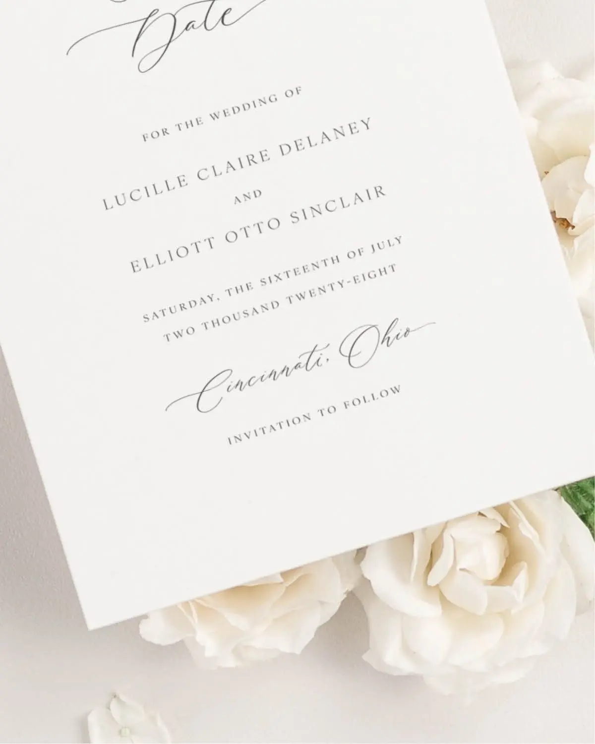 The Names, Date, and Location on Lucille Save the Dates