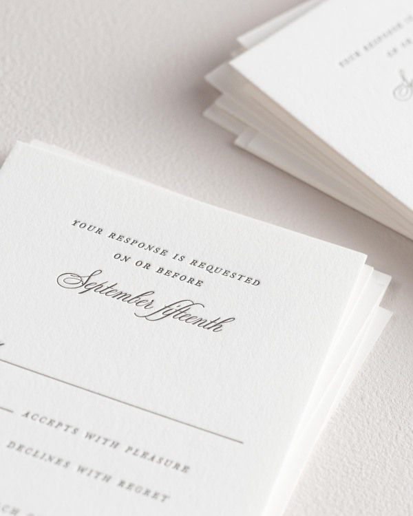 Dreamy close up shot of Camille response cards. Deep impressions in the paper are a result of the letterpress printing process.
