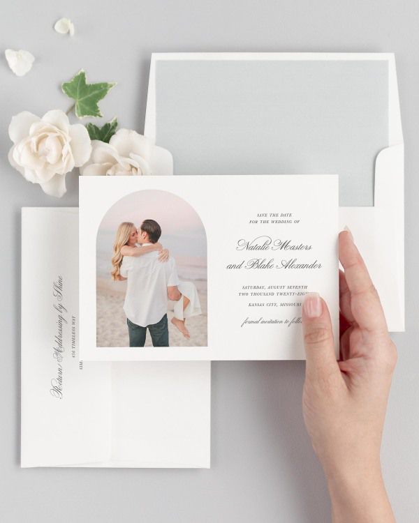 Classic Script Photo Save the Dates with Envelope Liner