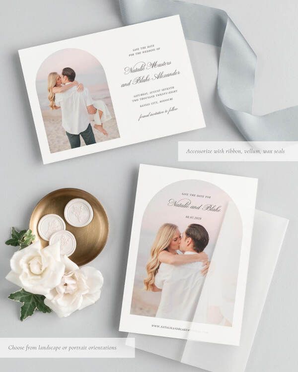 Classic Script Photo Save the Date with Silk Ribbon