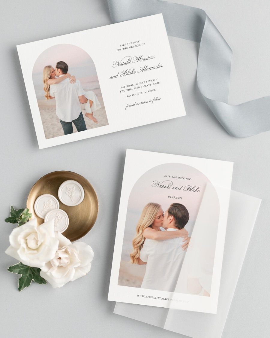 Classic Script Photo Save the Date with Silk Ribbon