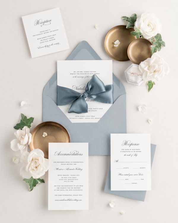 Classic Script wedding invitations with silk ribbon in light blue envelope