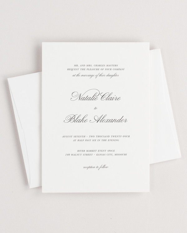 Simple close-up of Classic Script invitation with an envelope.