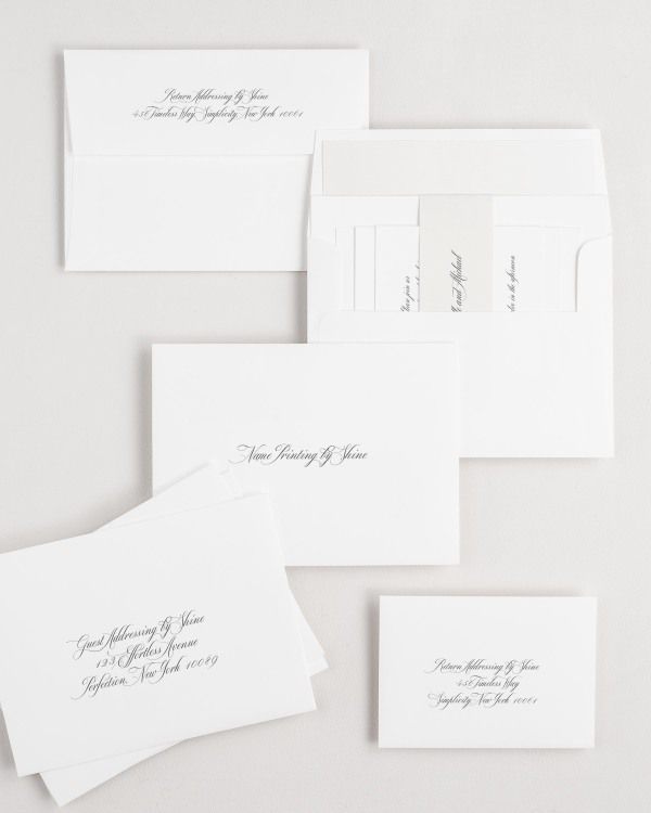Danielle wedding invitation envelopes with guest addressing, return addressing, and name printing services. Inner envelope features a liner and belly band.