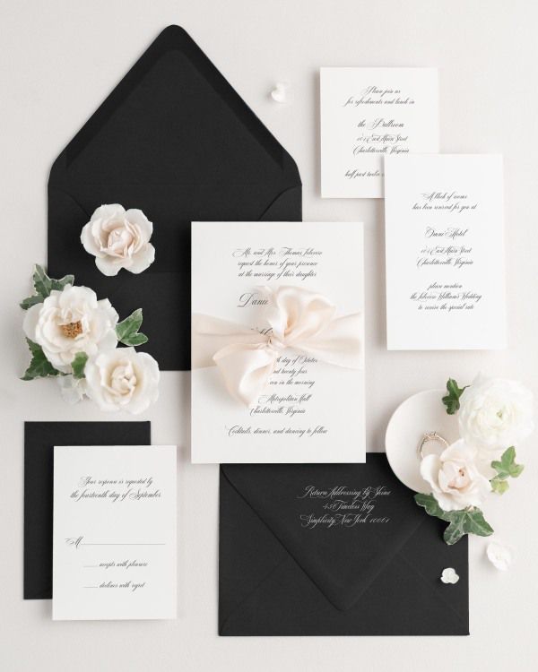 Wedding invitations with silk ribbon and onyx black envelope