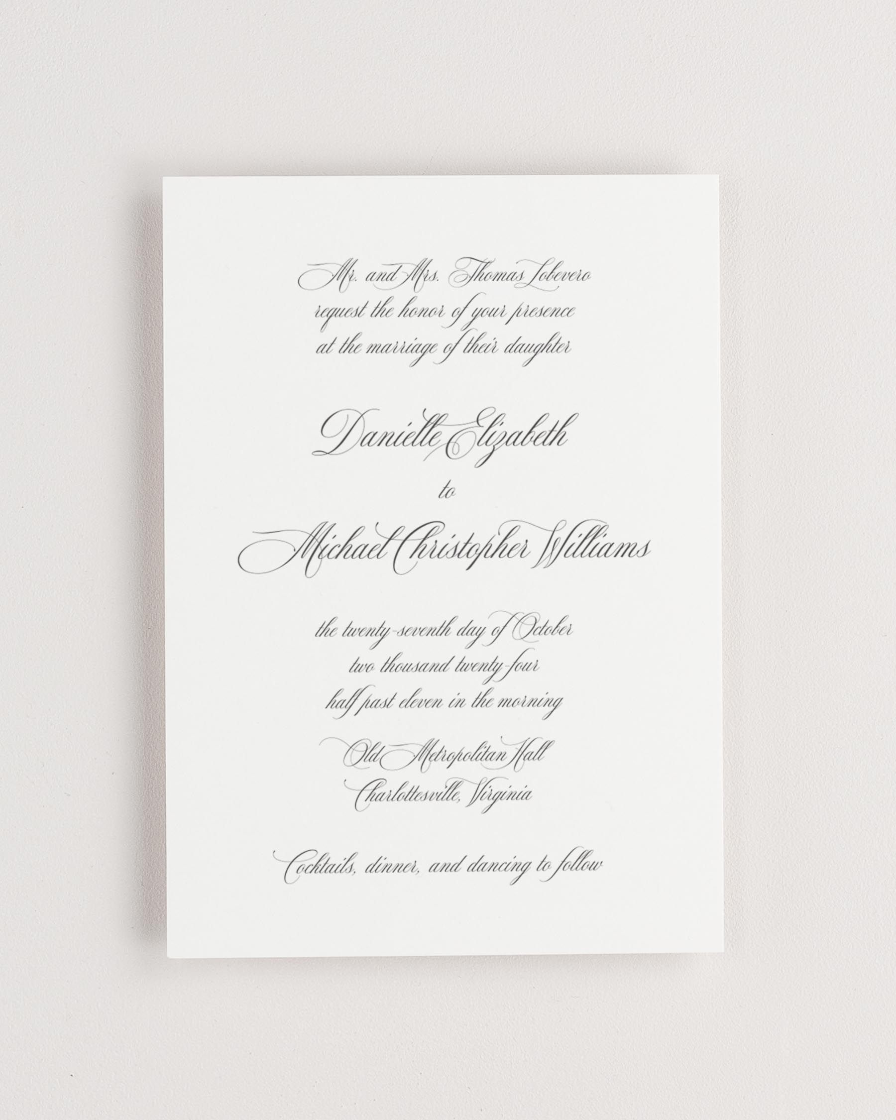 Simple close-up of Danielle invitation.