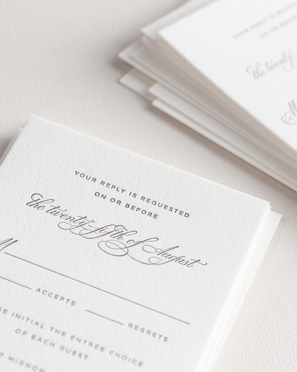 Dreamy close up shot of Delicate Elegance response cards. Deep impressions in the paper are a result of the letterpress printing process.