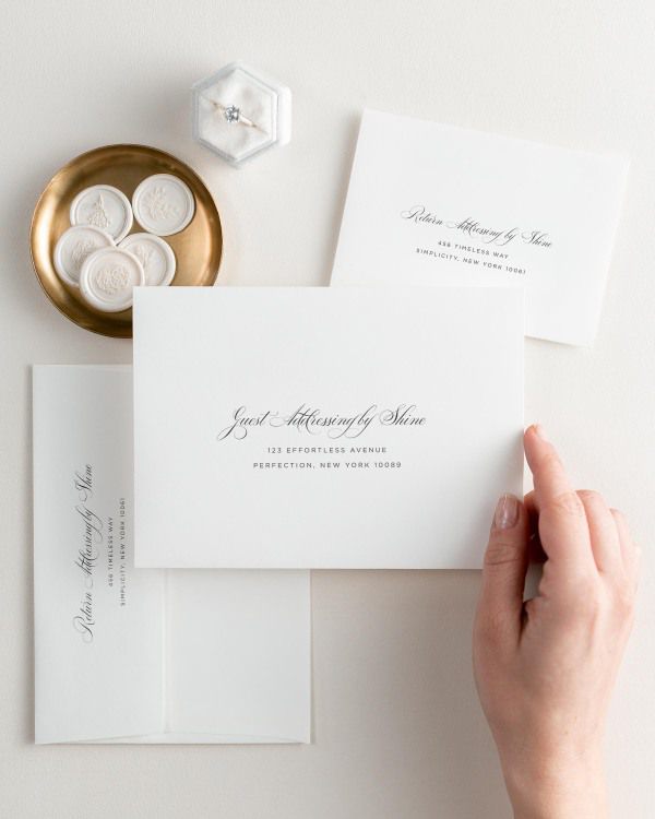 Delicate Elegance letterpress wedding invitation envelopes. The response envelope showcases our return addressing service, while the outer envelopes shows both guest and return addressing options.