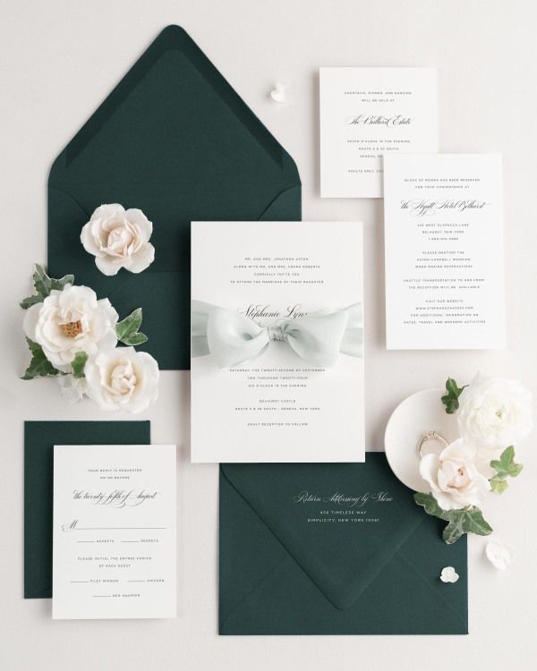 Wedding invitations with silk ribbon and green envelope