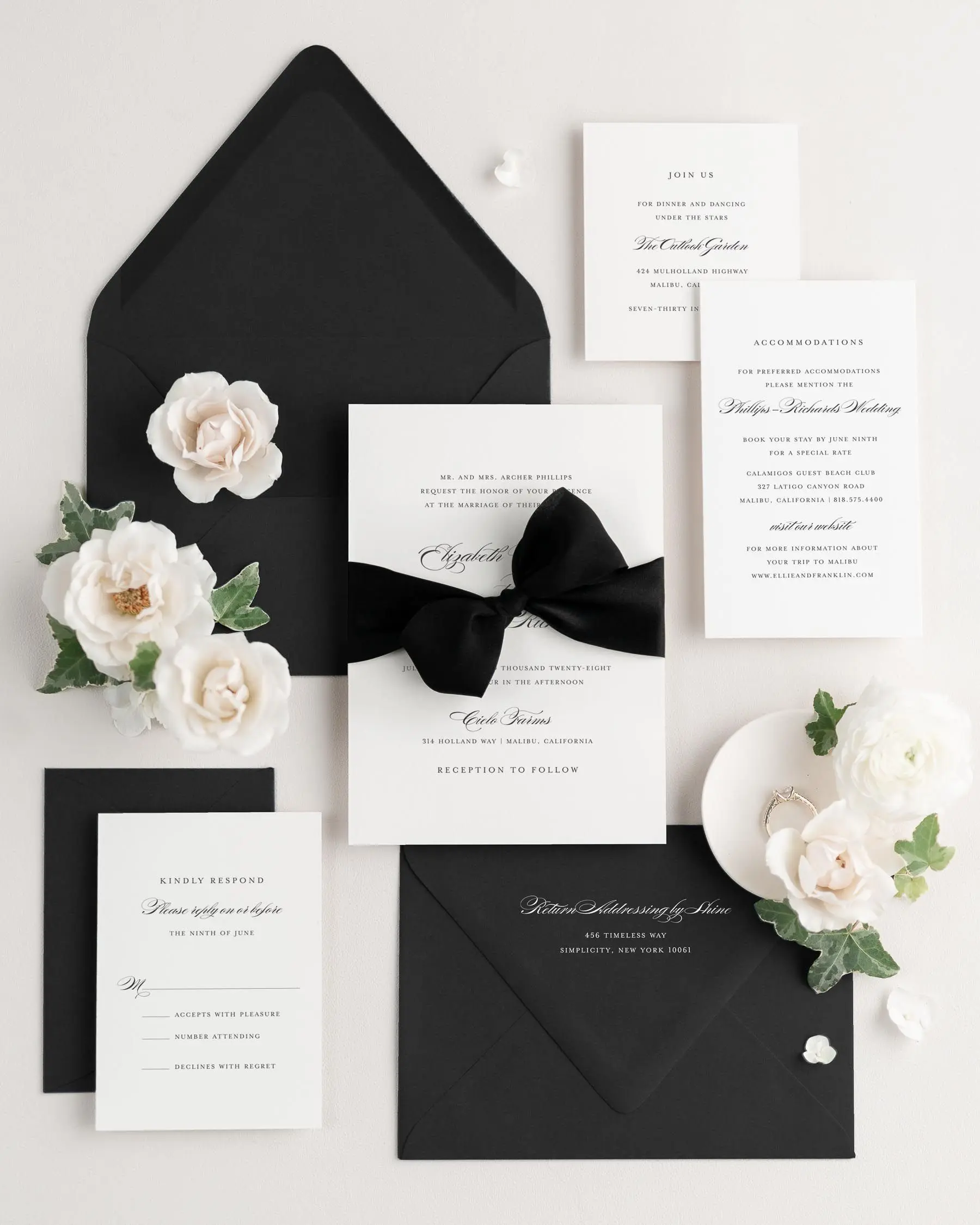 Black Ribbon Tied Around an Elizabeth Wedding Invitation