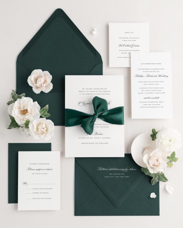 Wedding invitations with silk ribbon and green envelope
