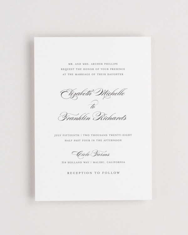 Simple close-up of Elizabeth invitation.